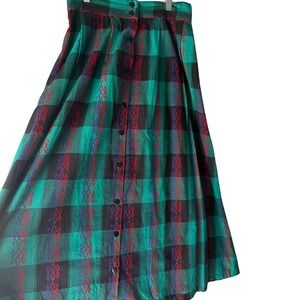 CHEZ T Vintage 70s Plaid Button Front Maxi Skirt Green Black M Retro Peasant